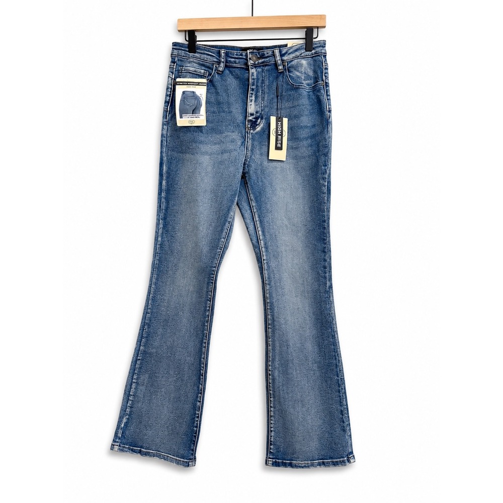 NEW RISE Womens High Rise Bootcut Jeans Vintage Wash Blue Dart Detail Size 11